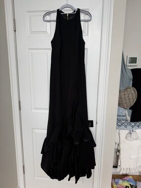 Betsy & Adam Black Sleeveless High-Low Ruffle Gown